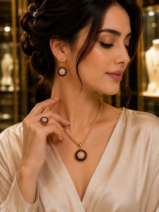 The Unbranded Brand Jewelry - Gold-Plated Burgundy Sunburst Pendant Necklace & Earring Set